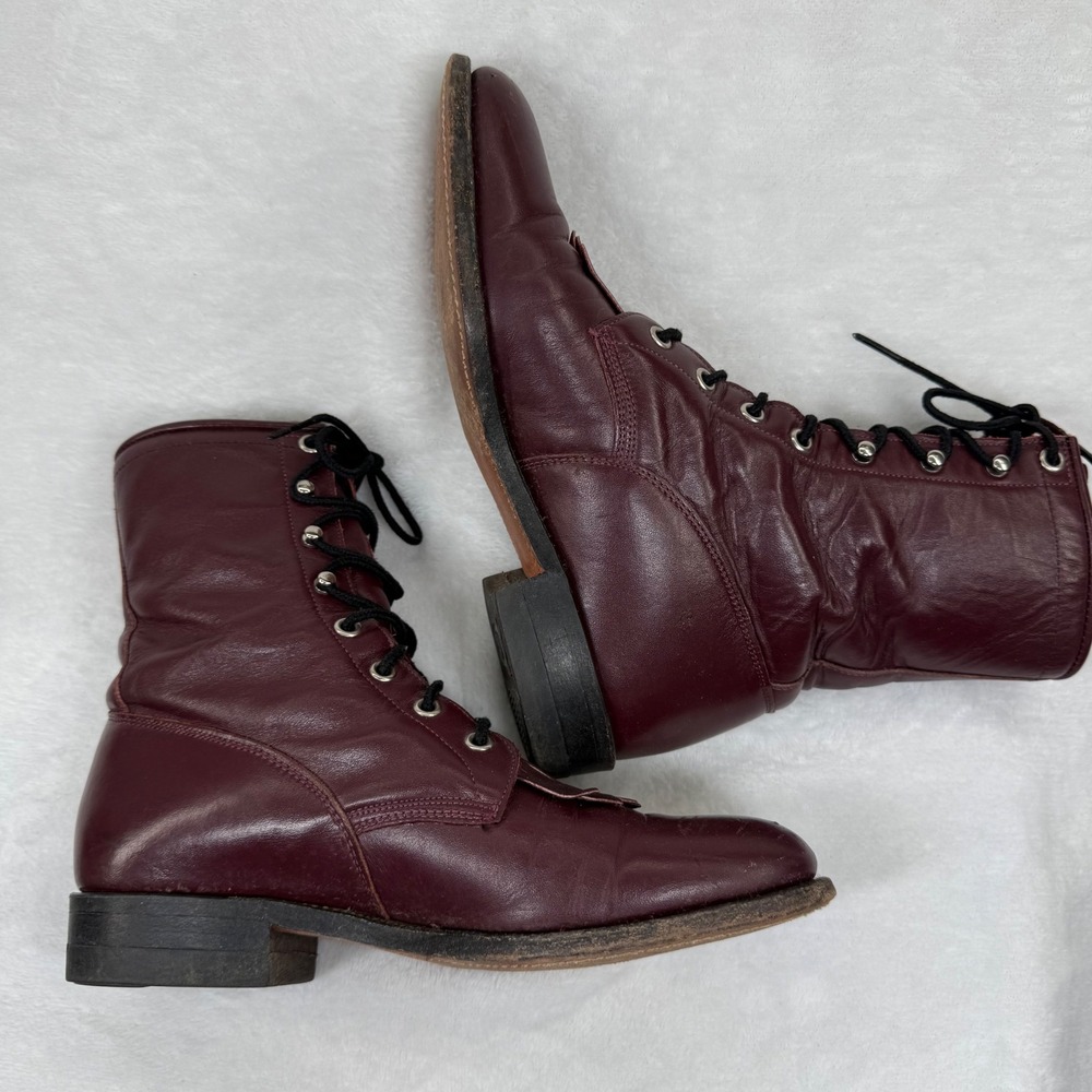 Justin L510 Burgundy Leather Lace Up Roper Boots Kiltie Fringe USA Made 7B - Picture 11 of 14